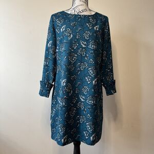 Banana Republic Teal Blue Floral Shift Dress Size 4 Petite Long Sleeve Cuffed